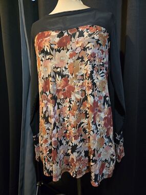 LOGO Layers Floral Sheer Mesh Top Womens Long Sleeve, M